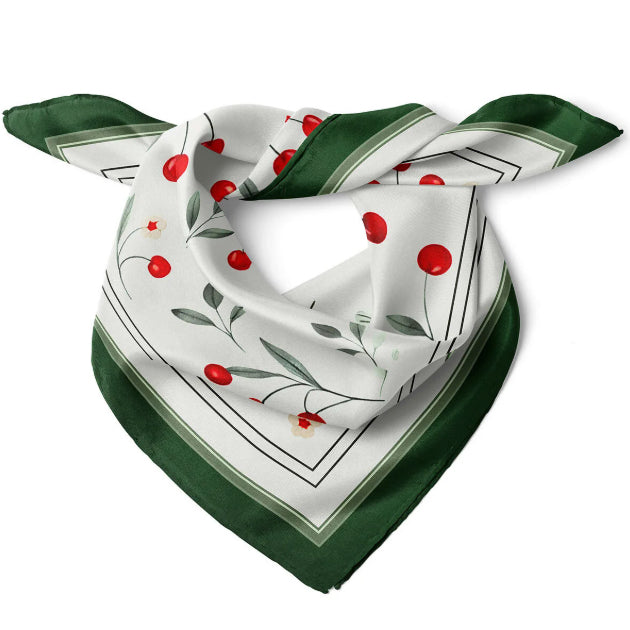 Cherry Garden Pattern Satin Bandana Scarf |Green