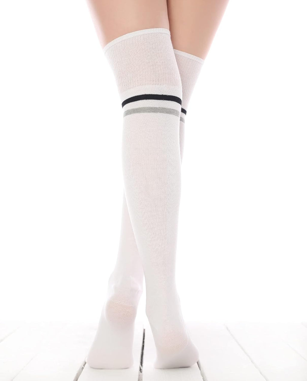 Girls Over Knee High Socks for Winter Black Striped Cuff