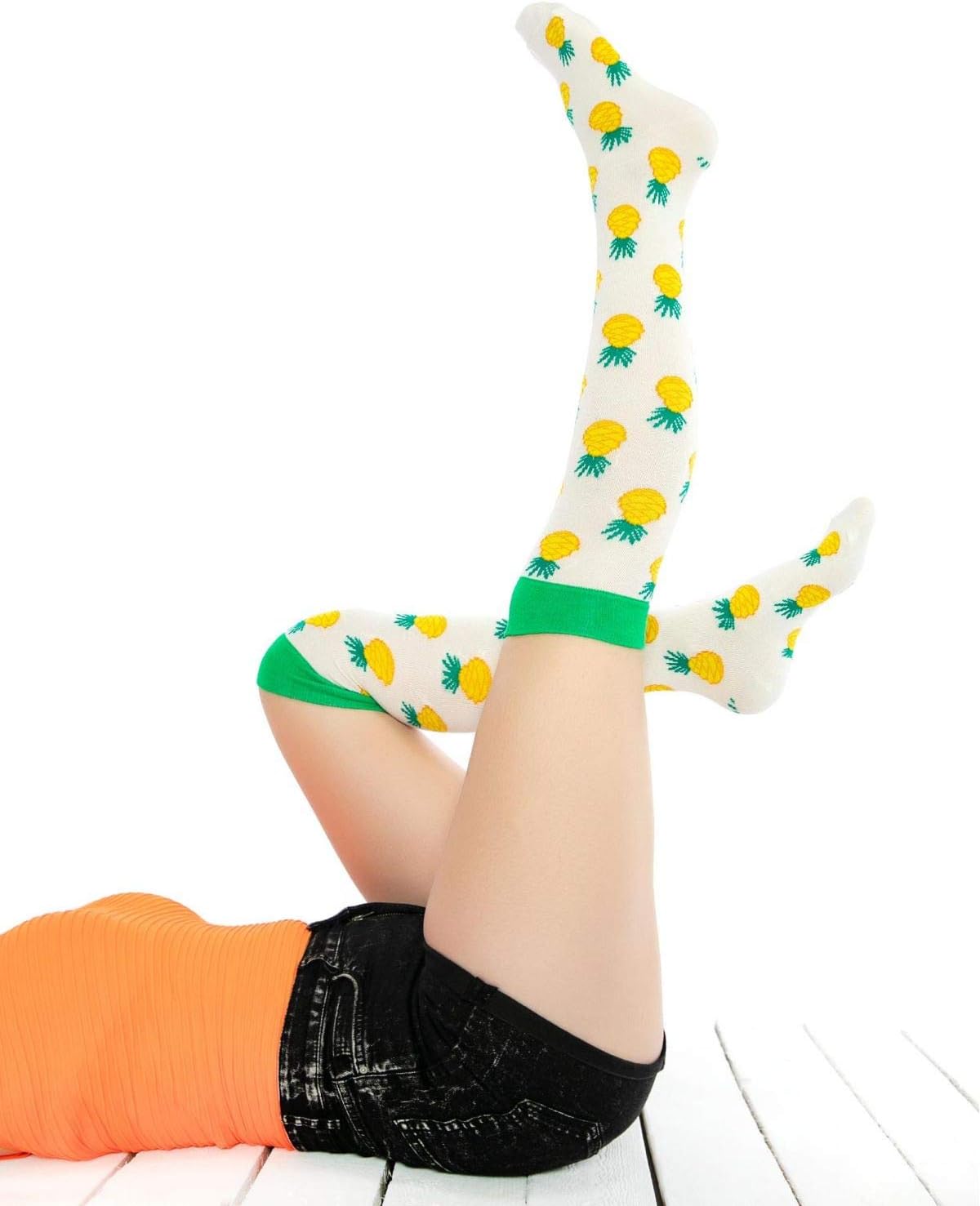 Girls Over Knee High Socks Pineapple Funky Socks White