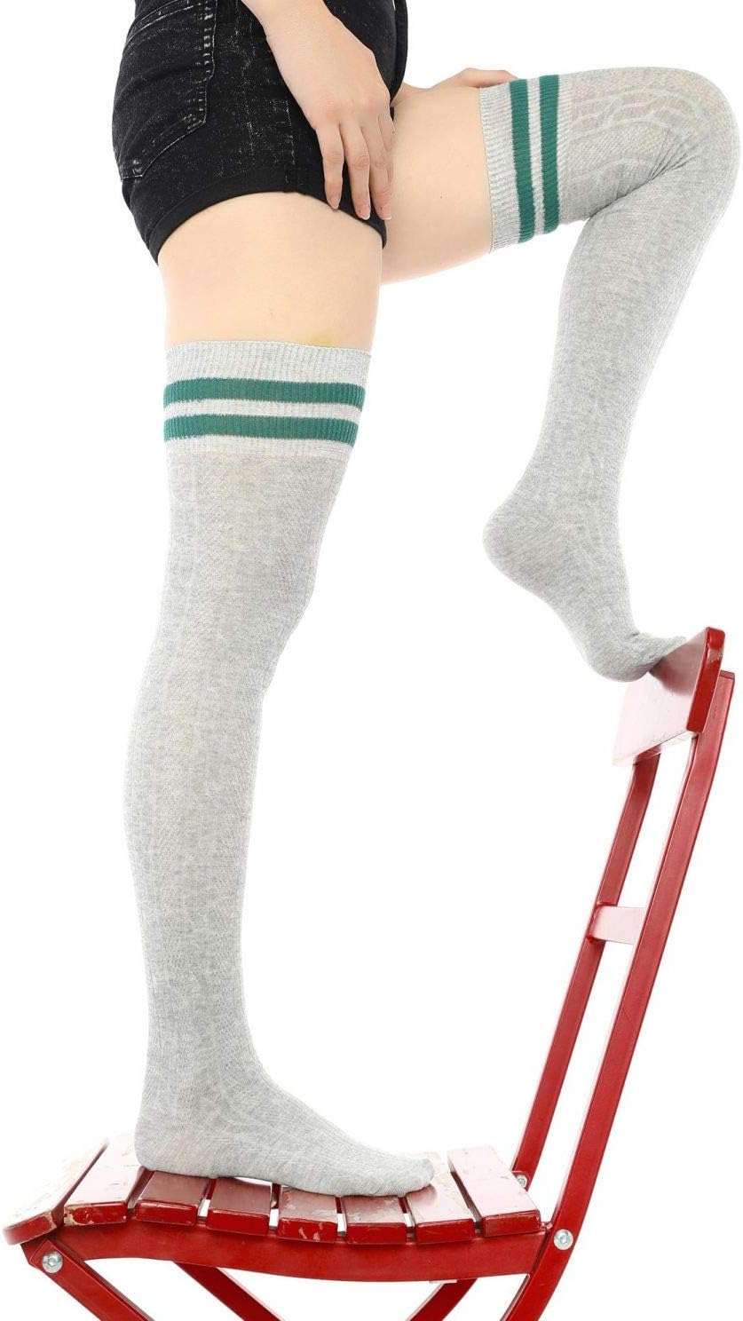 Girls Over Knee High Socks Grey with Green Striped Cuff
