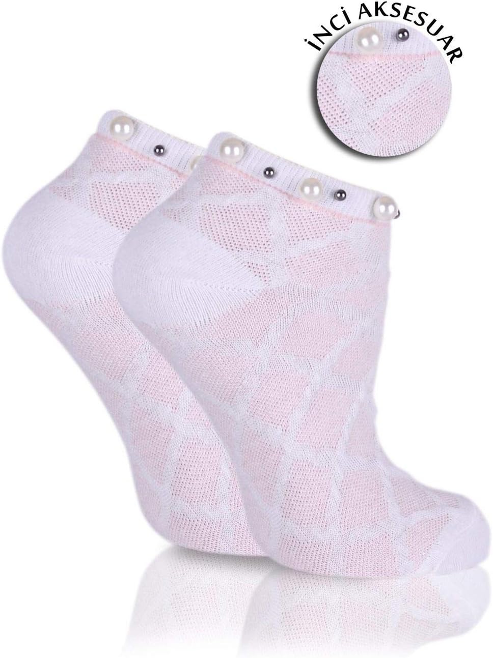 Cuff Adorned with Pearls Ankle Dress Socks Pink