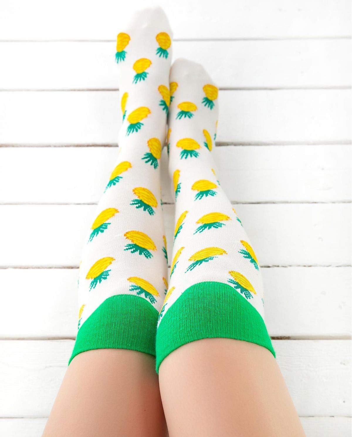 Girls Over Knee High Socks Pineapple Funky Socks White