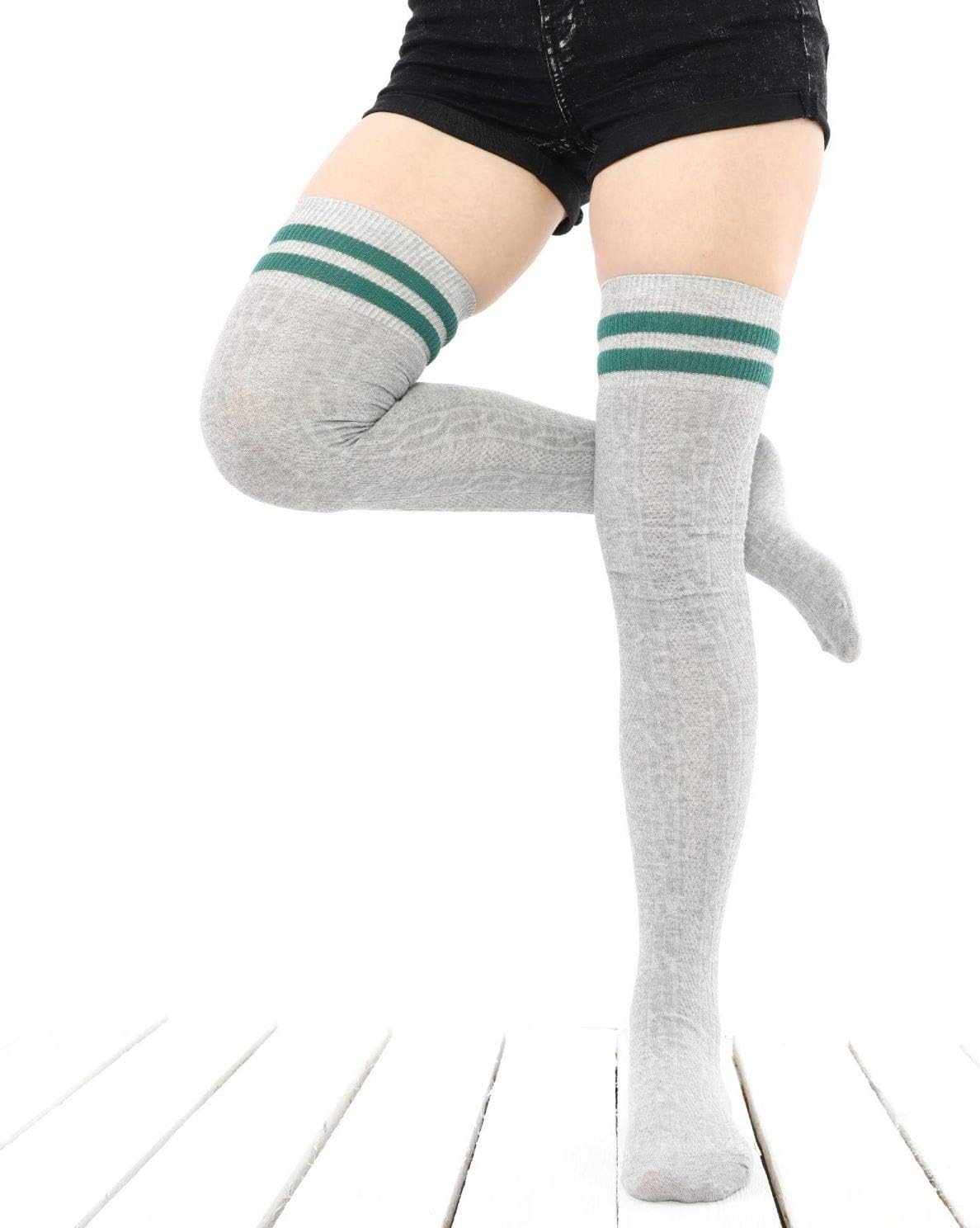 Girls Over Knee High Socks Grey with Green Striped Cuff