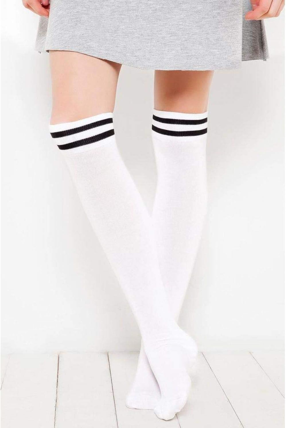 Girls Over Knee High Socks Striped Cuff White Sock