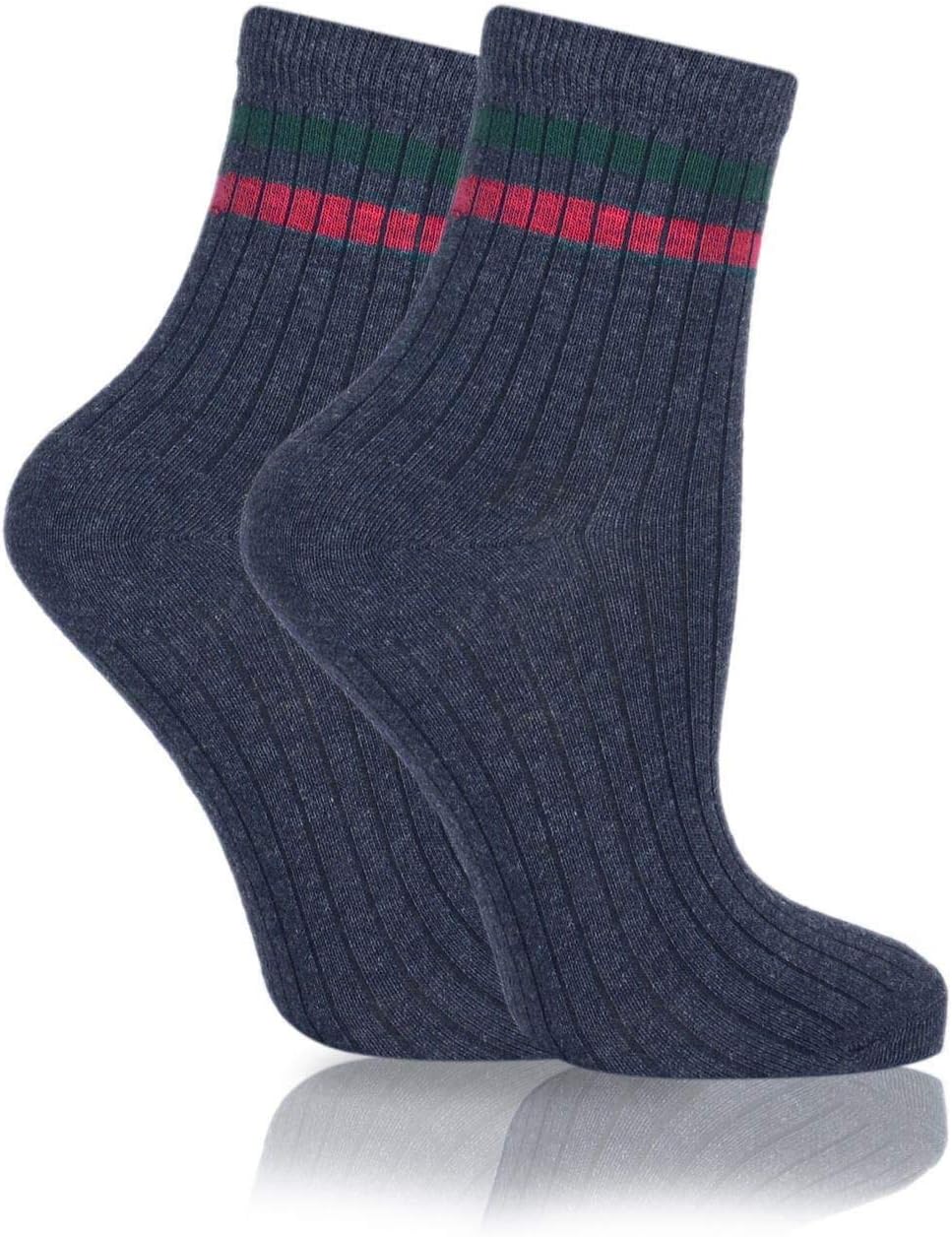 Tennis Socks Girls Red Green Striped Cuff Grey Sock