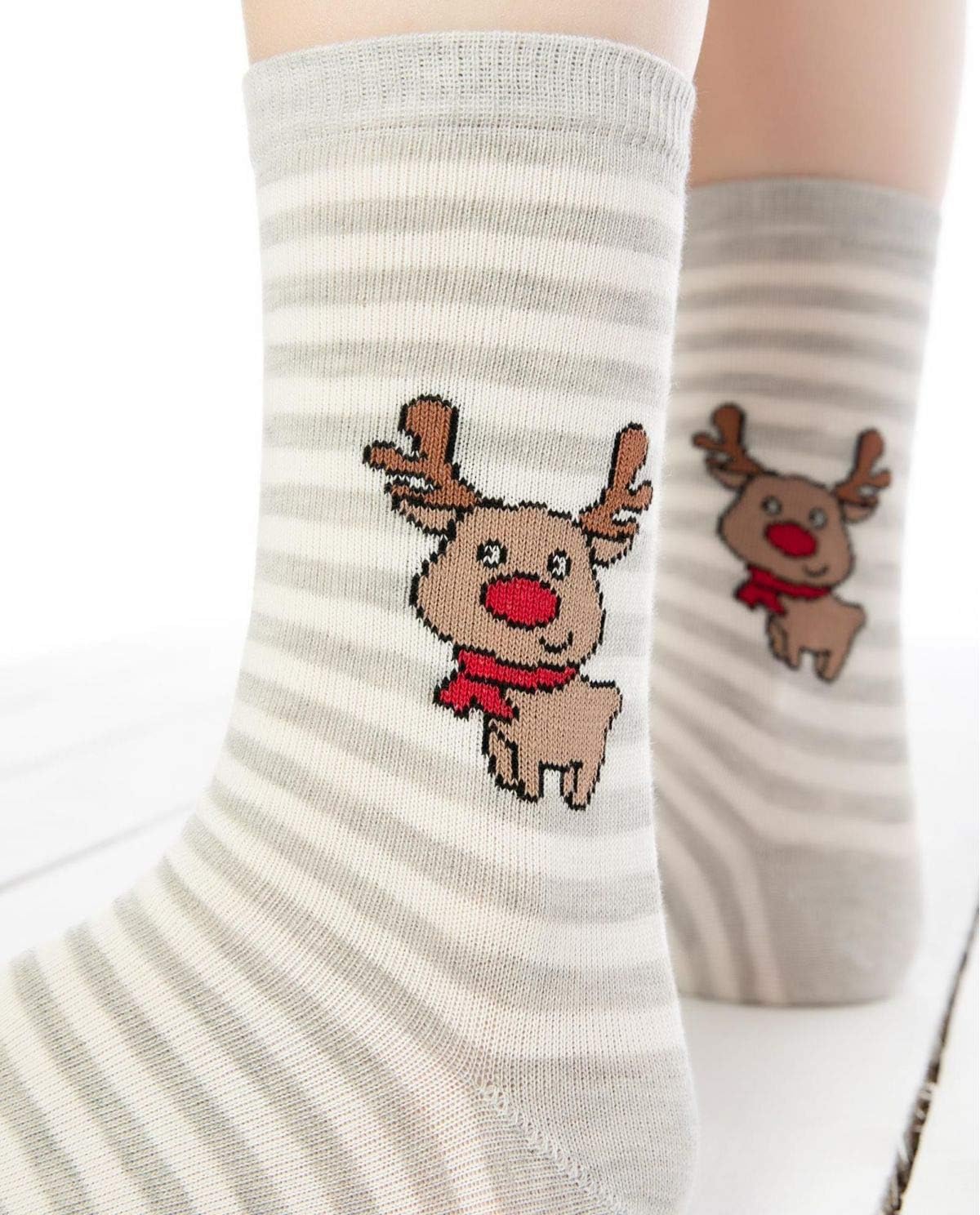 Cute Deer Crew Striped Sock Grey