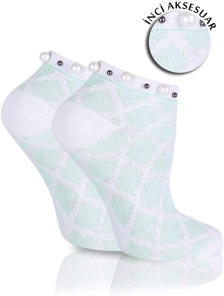 Cuff Adorned with Pearls Ankle Dress Socks  Green