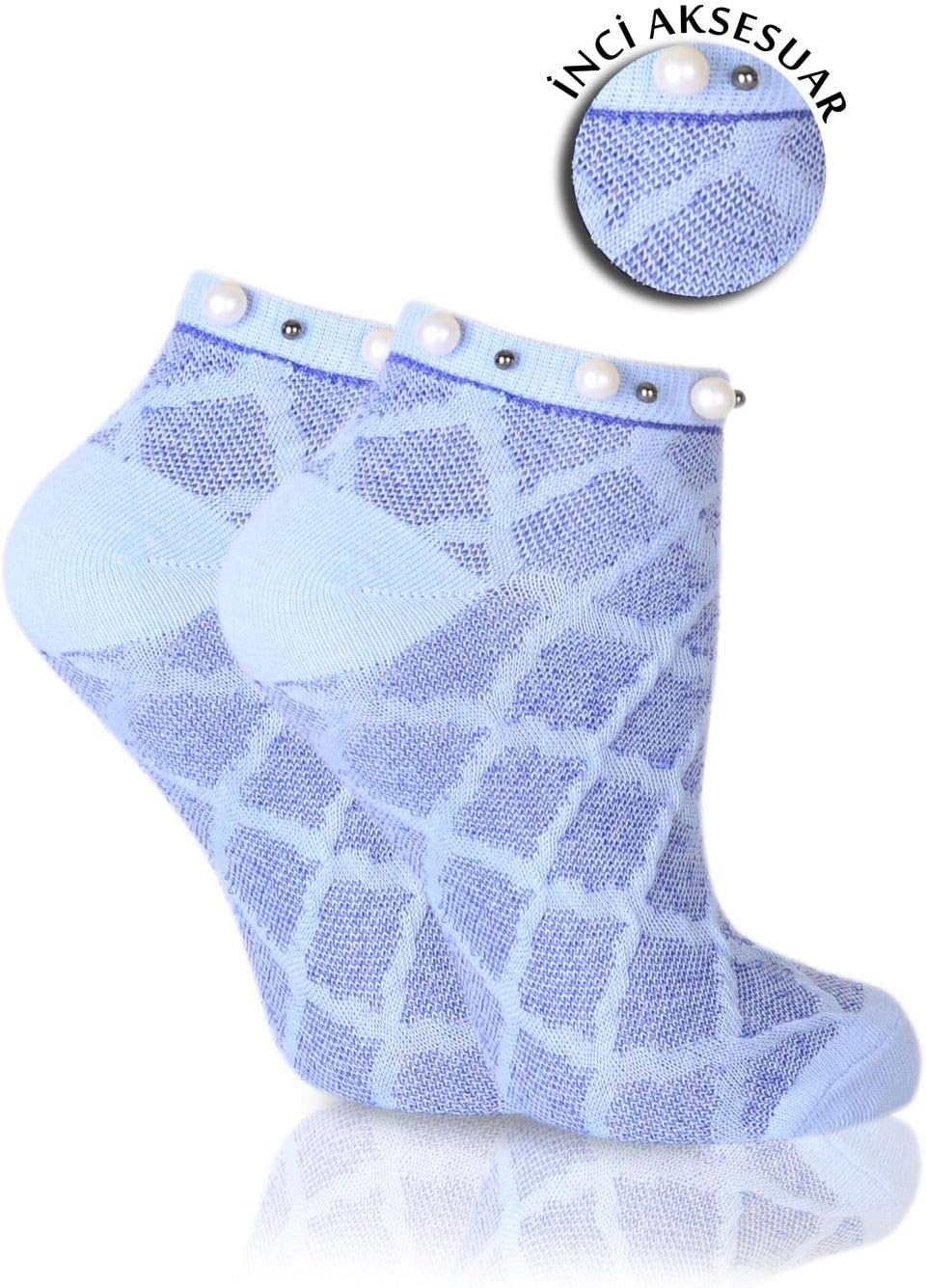 Cuff Adorned with Pearls Ankle Dress Socks Blue