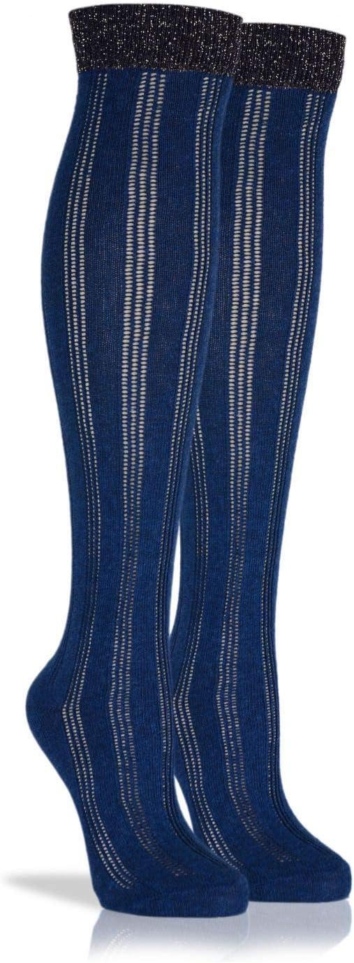 Girls Over Knee High Socks Dark Blue Glitter Cuff