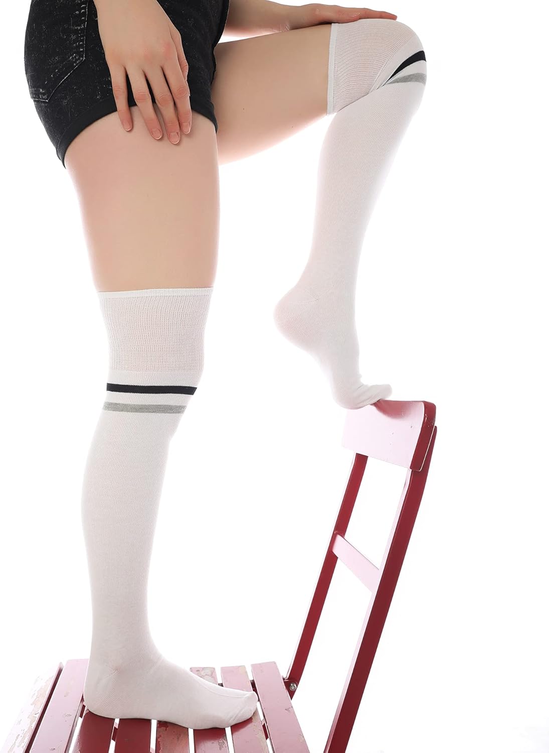 Girls Over Knee High Socks for Winter Black Striped Cuff