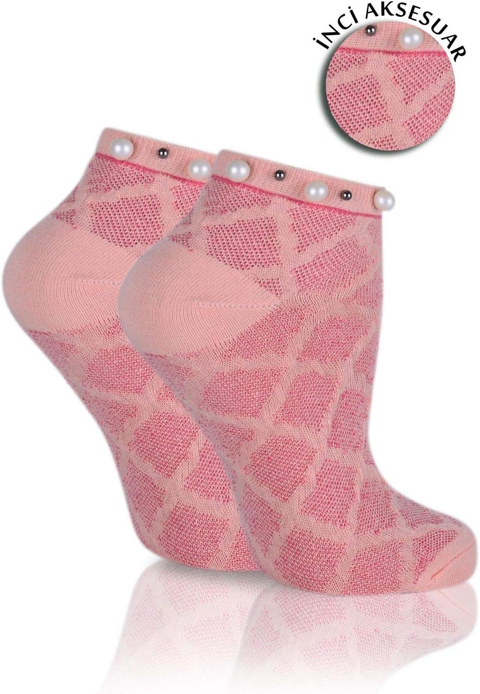 Cuff Adorned with Pearls Ankle Dress Socks Rose Pink