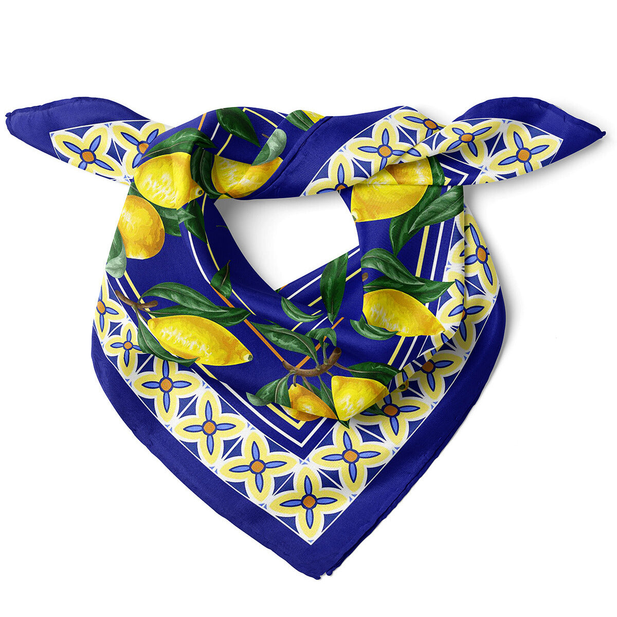 Spanish Lemon Print Satin Bandana Scarf |Navy Blue