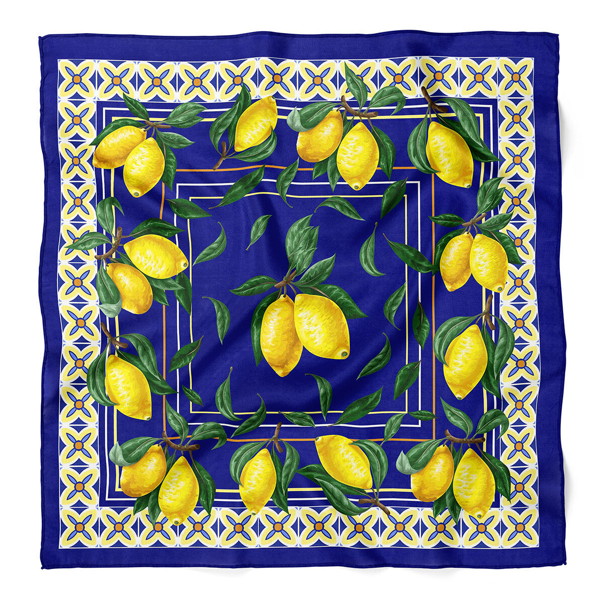Spanish Lemon Print Satin Bandana Scarf |Navy Blue
