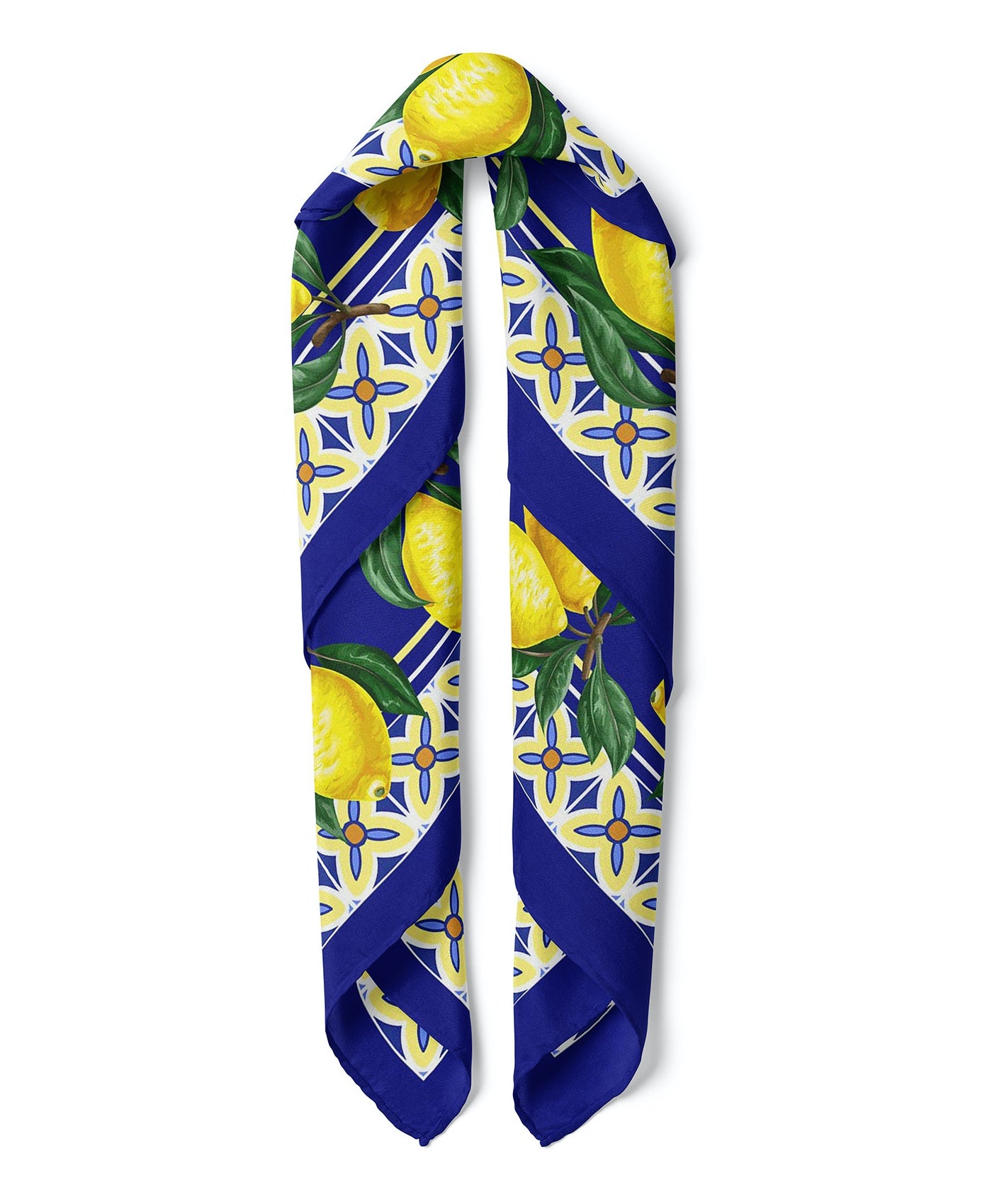 Spanish Lemon Print Satin Bandana Scarf |Navy Blue