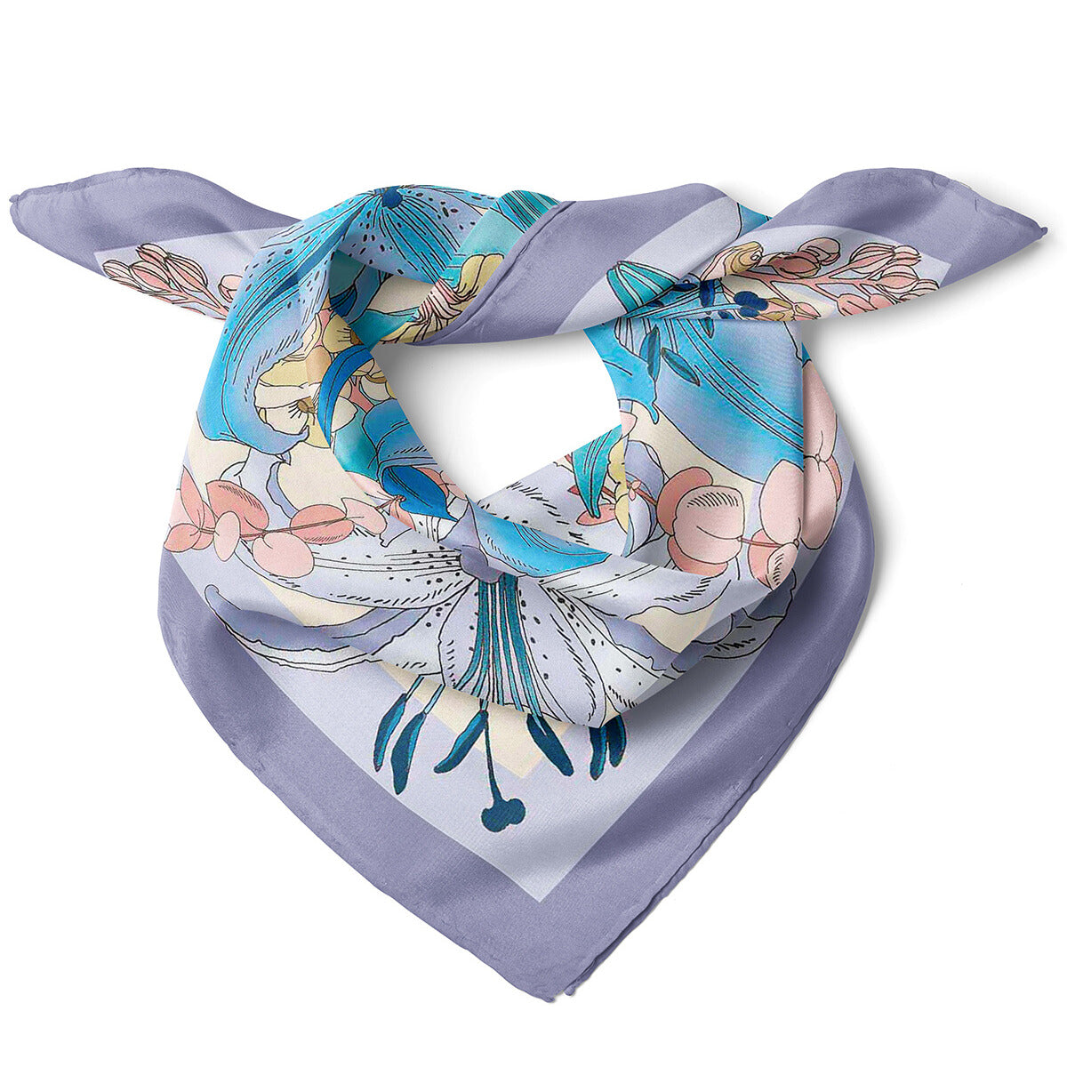 Lilium Blossom Print Satin Bandana Scarf |Blue
