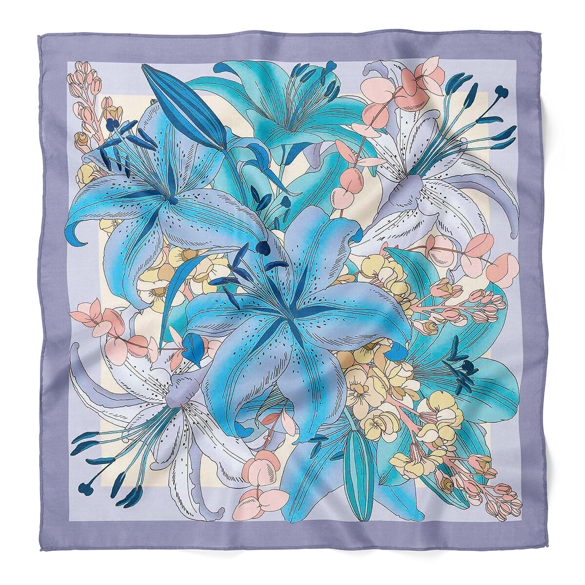 Lilium Blossom Print Satin Bandana Scarf |Blue