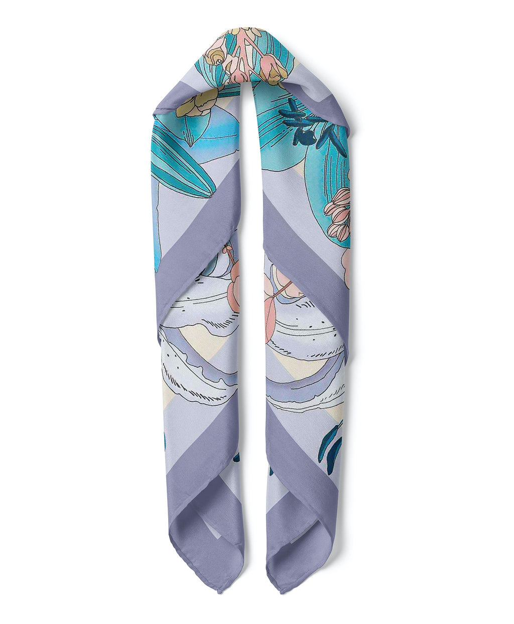 Lilium Blossom Print Satin Bandana Scarf |Blue