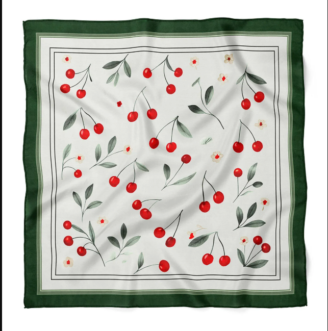 Cherry Garden Pattern Satin Bandana Scarf |Green