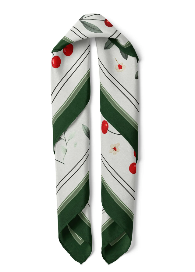Cherry Garden Pattern Satin Bandana Scarf |Green