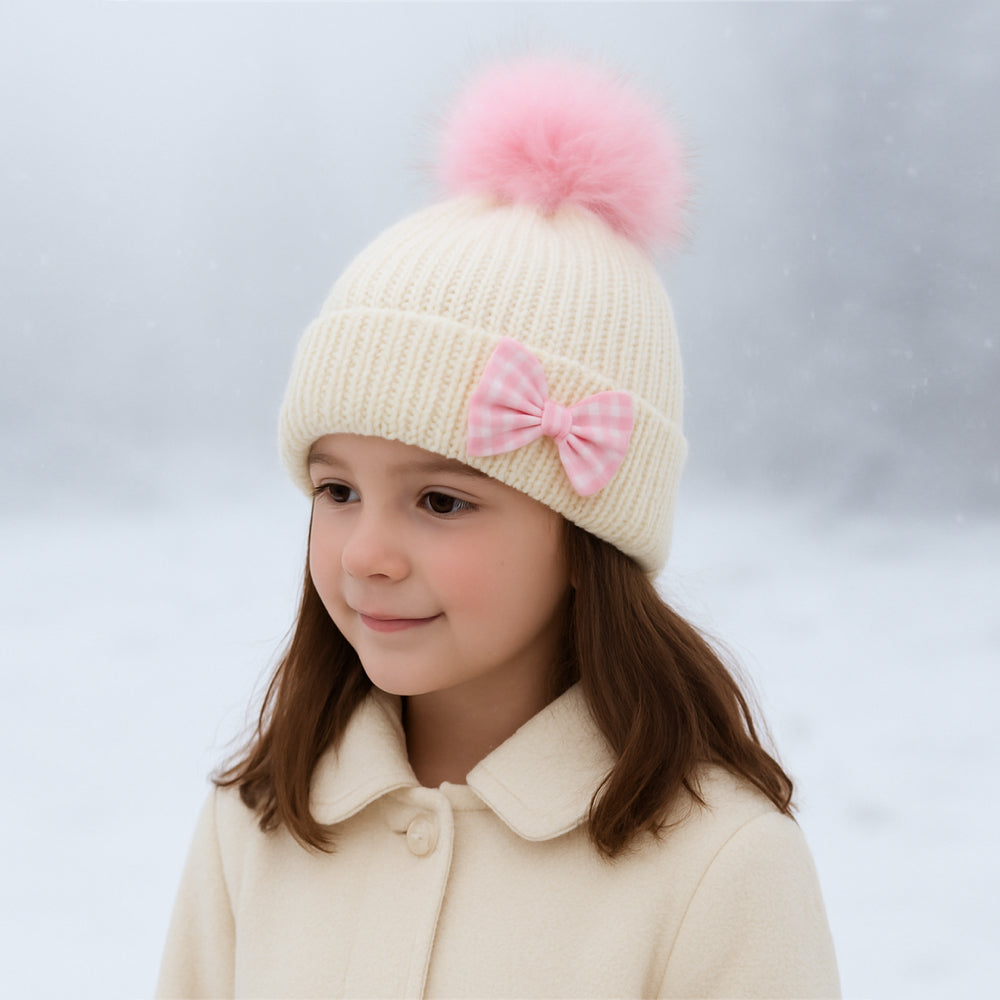 Girls Beanie Hat with Pink Accessories | Cream