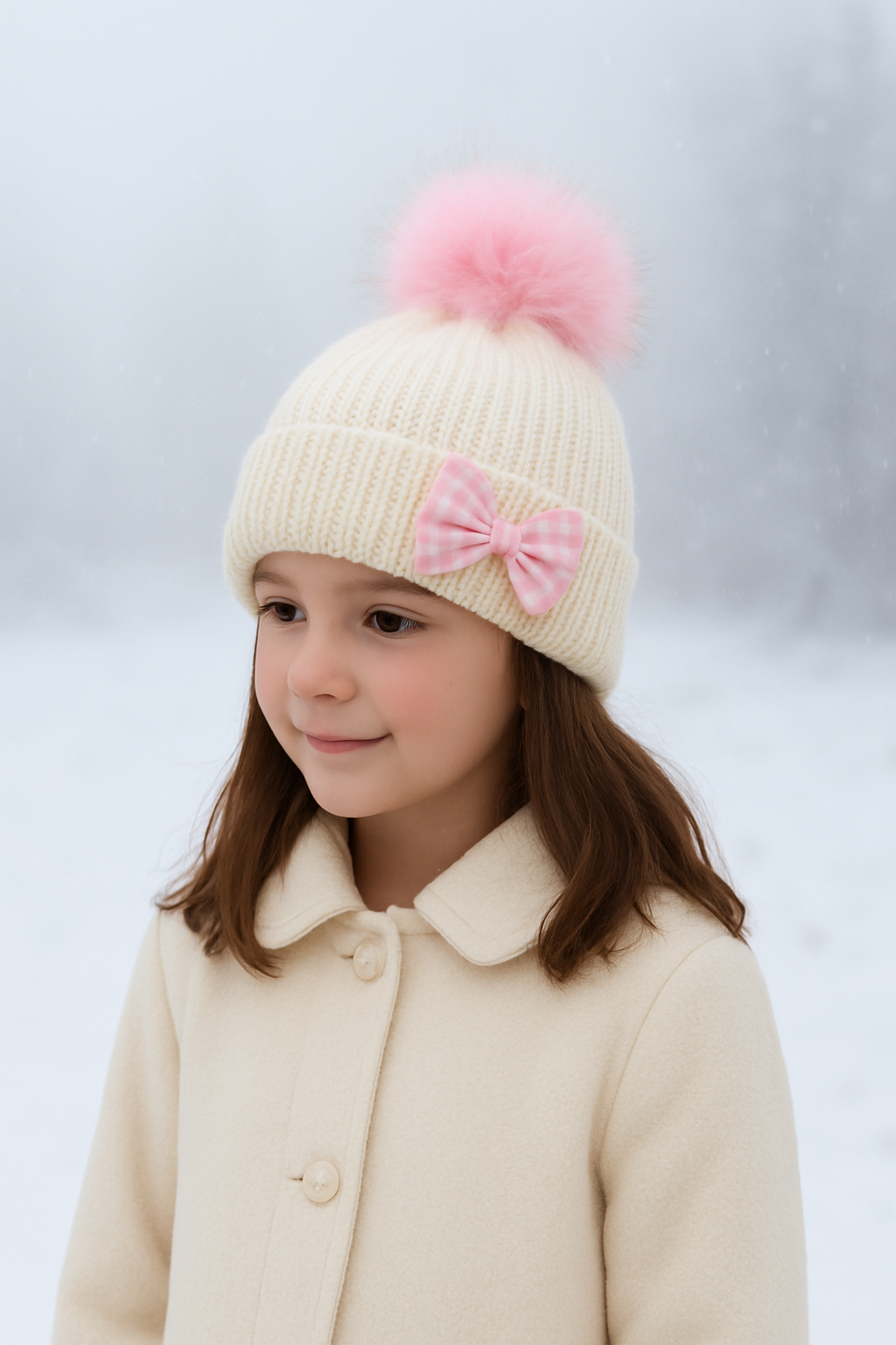 Girls Beanie Hat with Pink Accessories | Cream