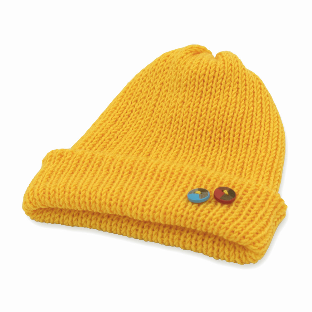 Kids Double-faced Beanie Hat with Button | Yellow