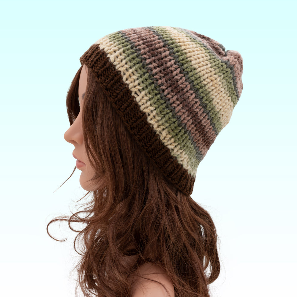 Chunky Beanie Winter Hat | Green & Cream