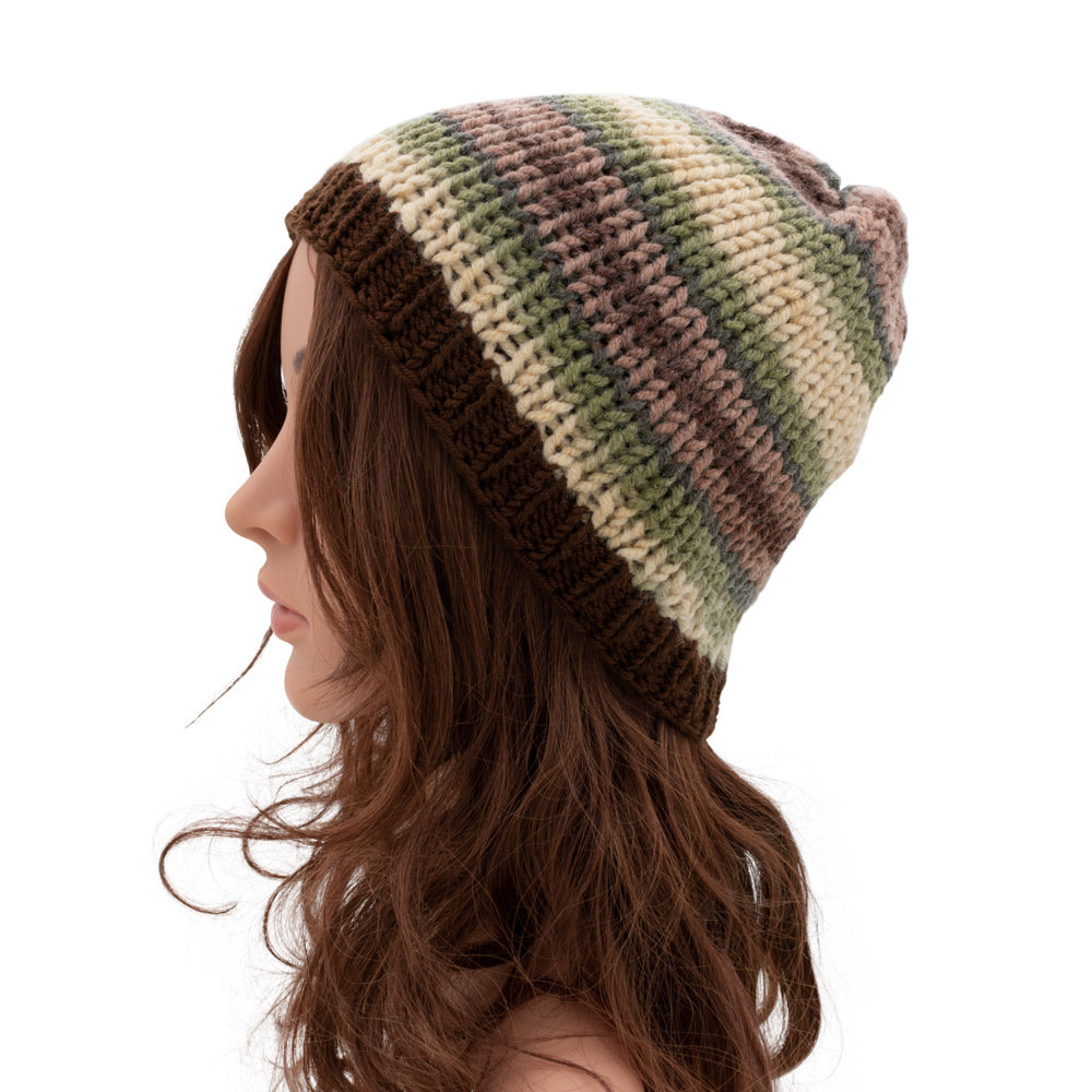 Chunky Beanie Winter Hat | Brown & Emerald