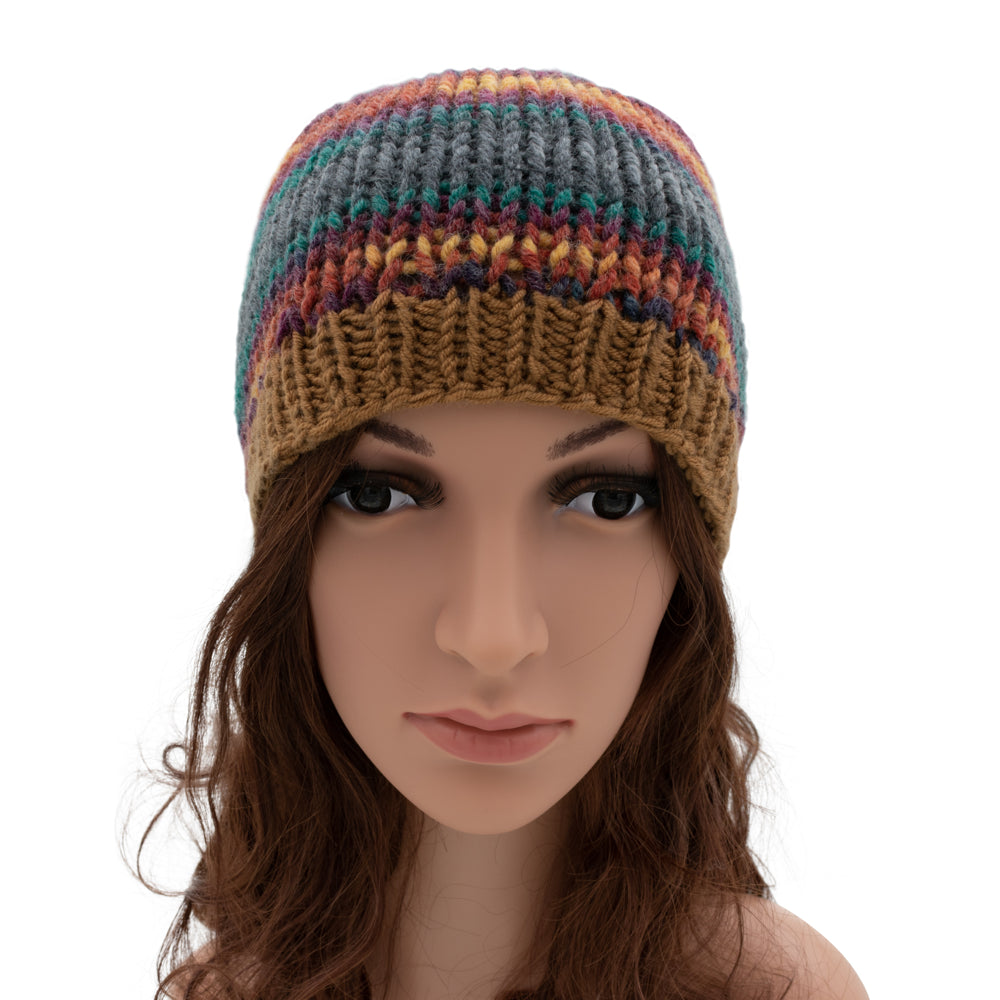 Chunky Beanie Winter Hat | Brown & Emerald