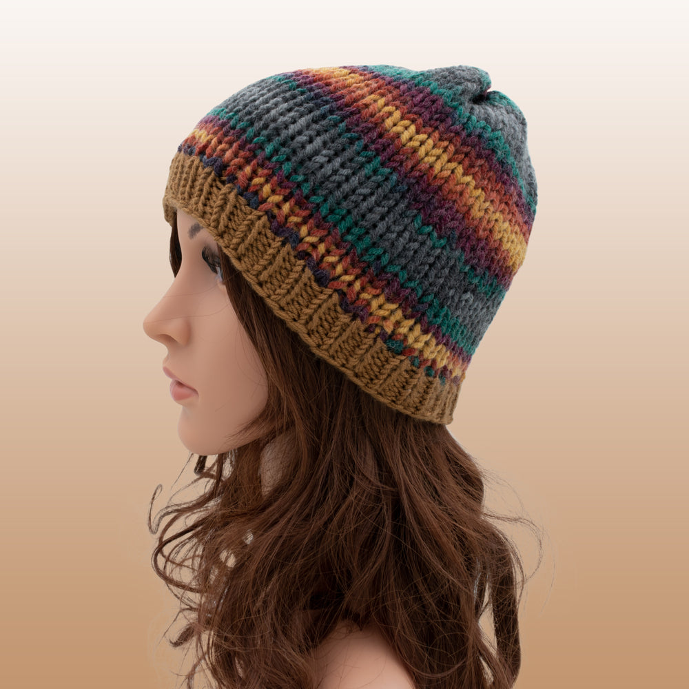 Chunky Beanie Winter Hat | Brown & Emerald