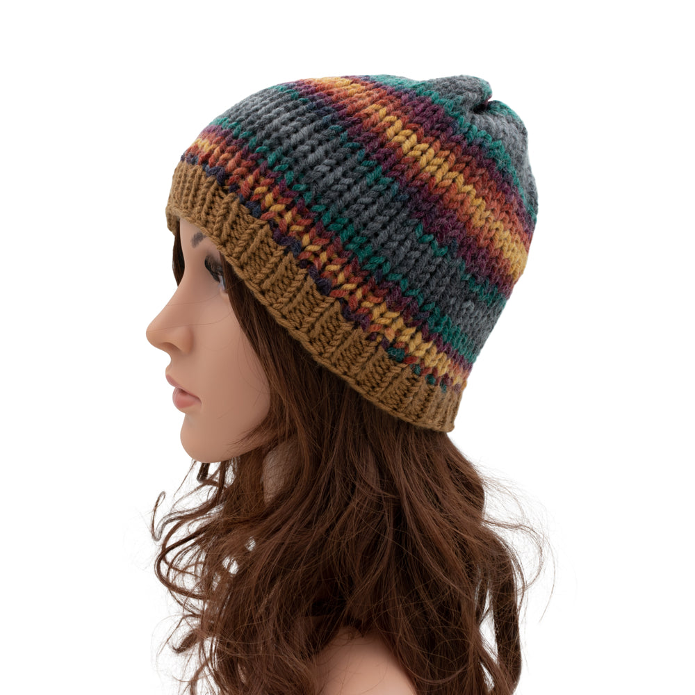 Chunky Beanie Winter Hat | Brown & Emerald