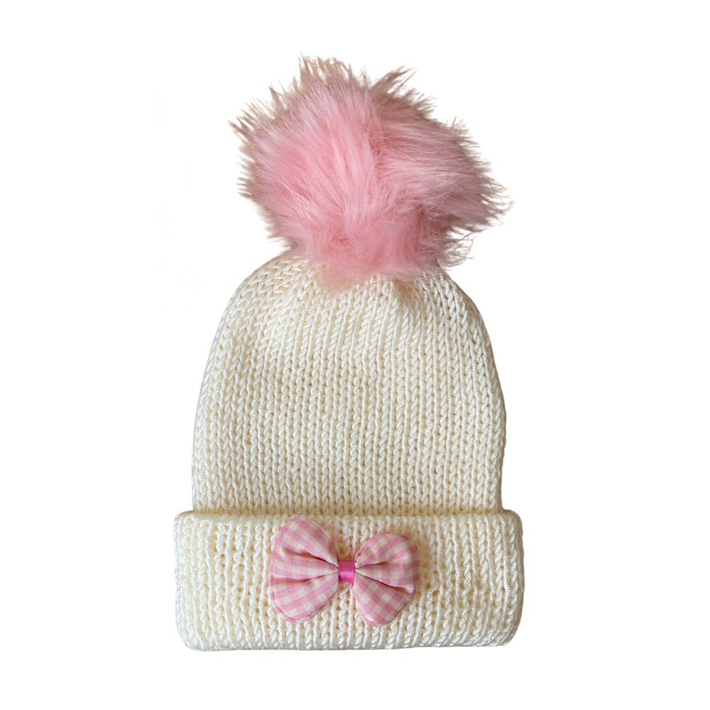 Girls Beanie Hat with Pink Accessories | Cream