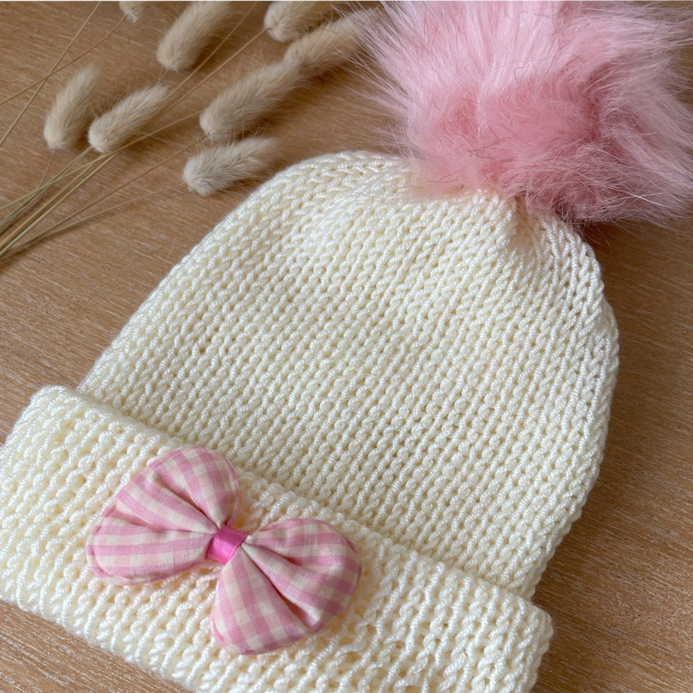 Girls Beanie Hat with Pink Accessories | Cream