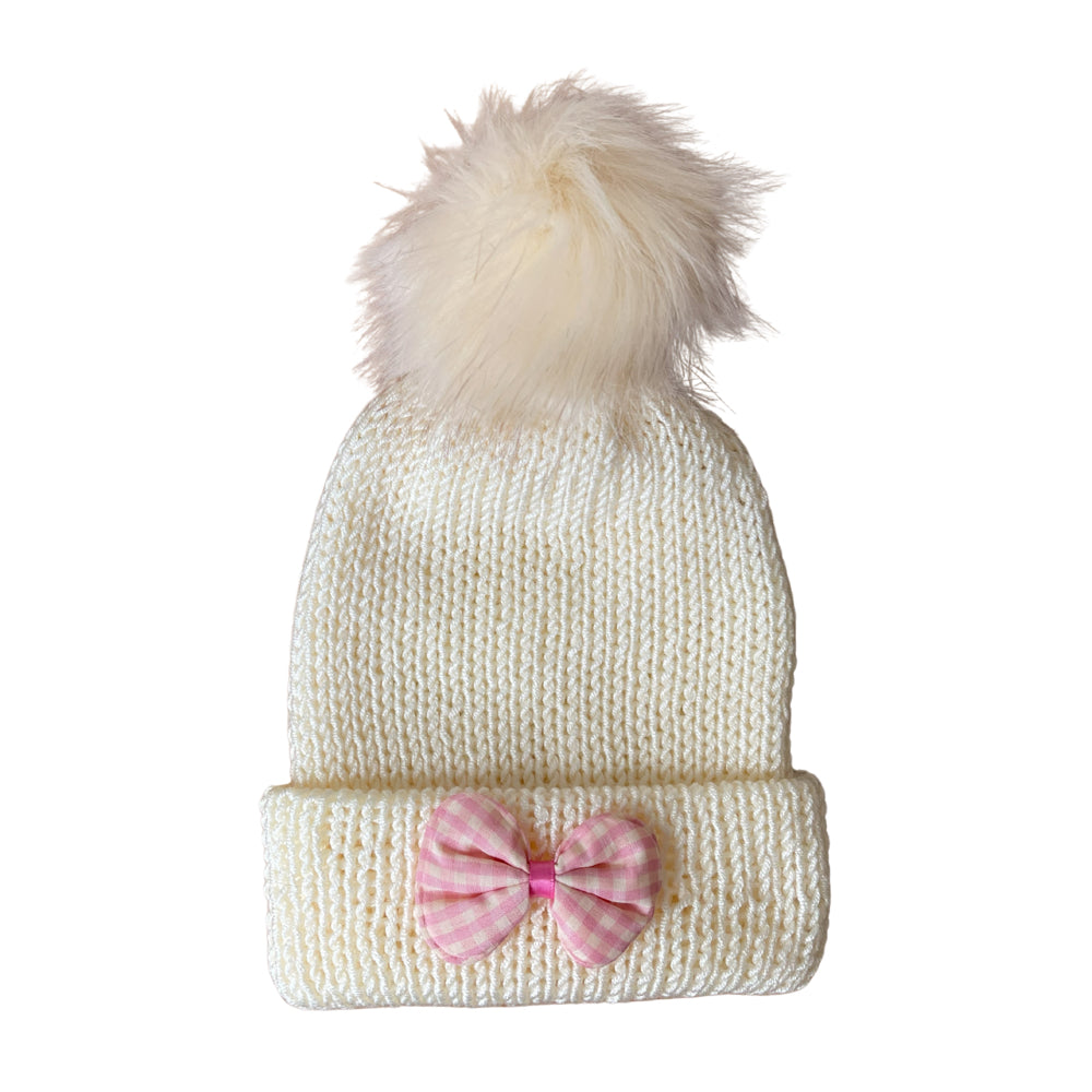 Girls Beanie Hat with Pink Accessories | Cream
