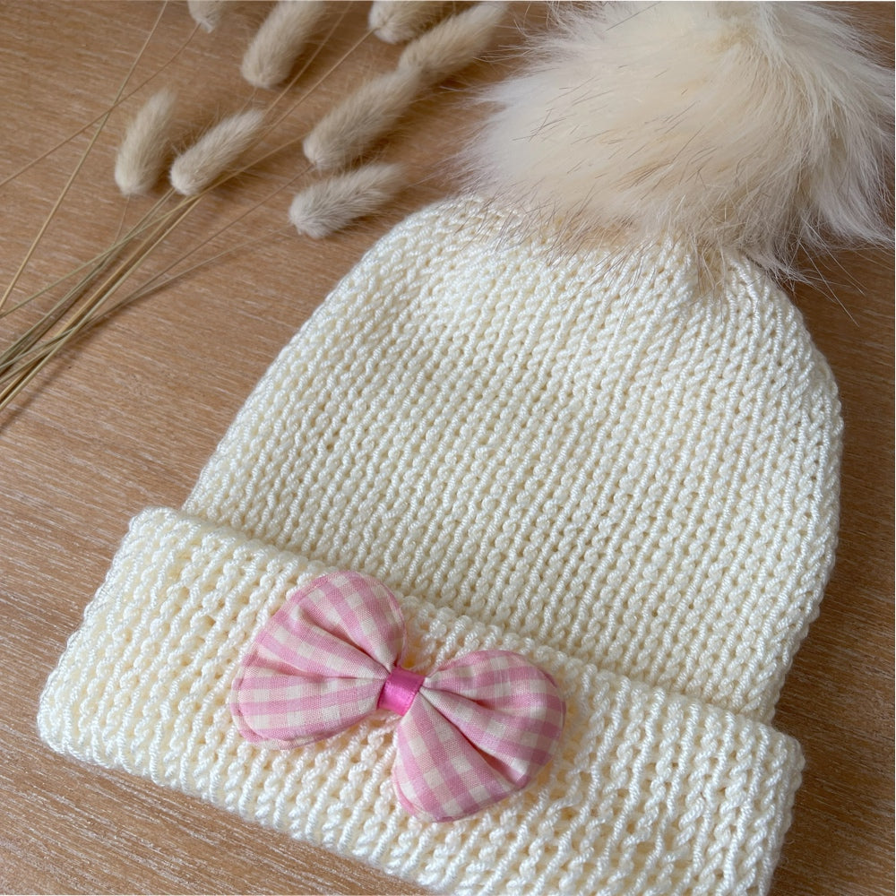 Girls Beanie Hat with Pink Accessories | Cream
