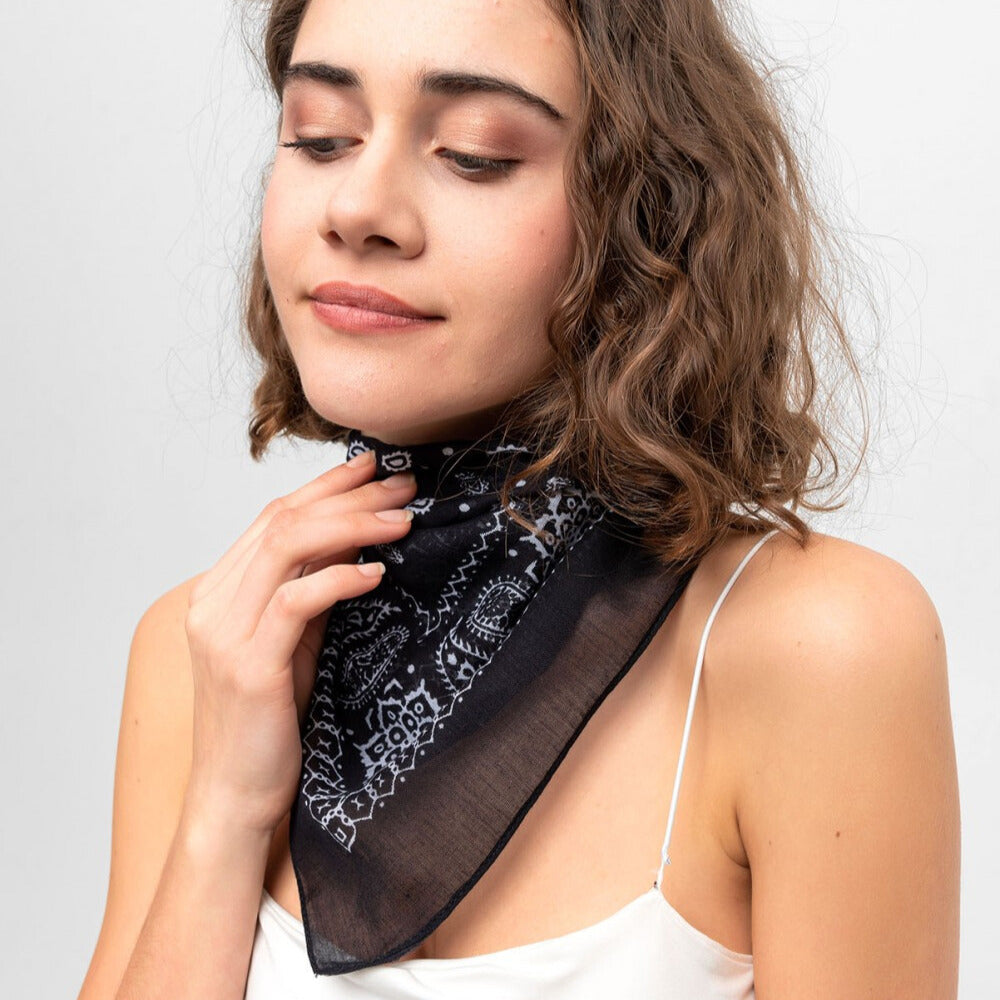 Paisley Pattern Cotton Bandana Scarf |Black