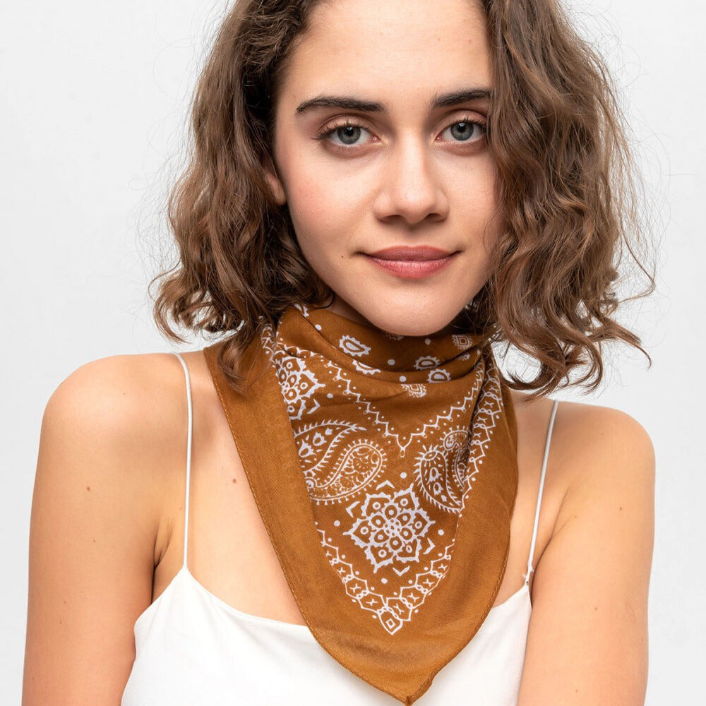 Paisley Pattern Cotton Bandana Scarf |Brown