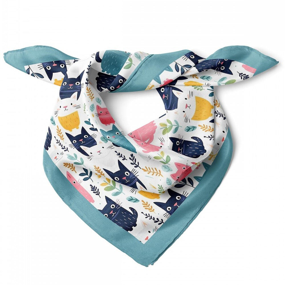 Cat Print Satin Bandana Scarf |Teal
