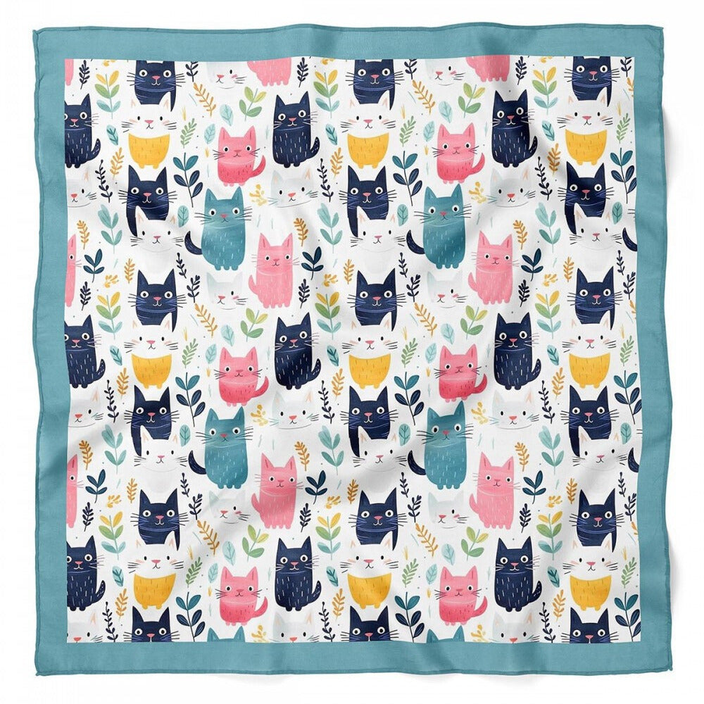 Cat Print Satin Bandana Scarf |Teal