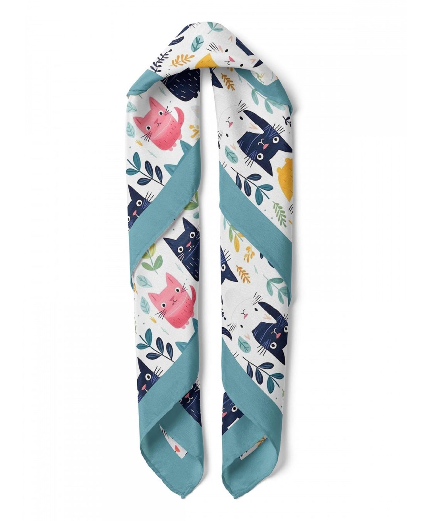 Cat Print Satin Bandana Scarf |Teal