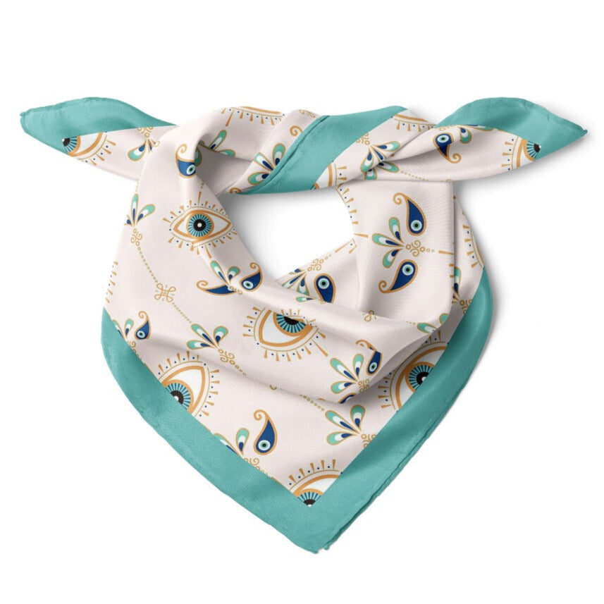 Nazar Evil Eye Print Satin Bandana Scarf |Teal