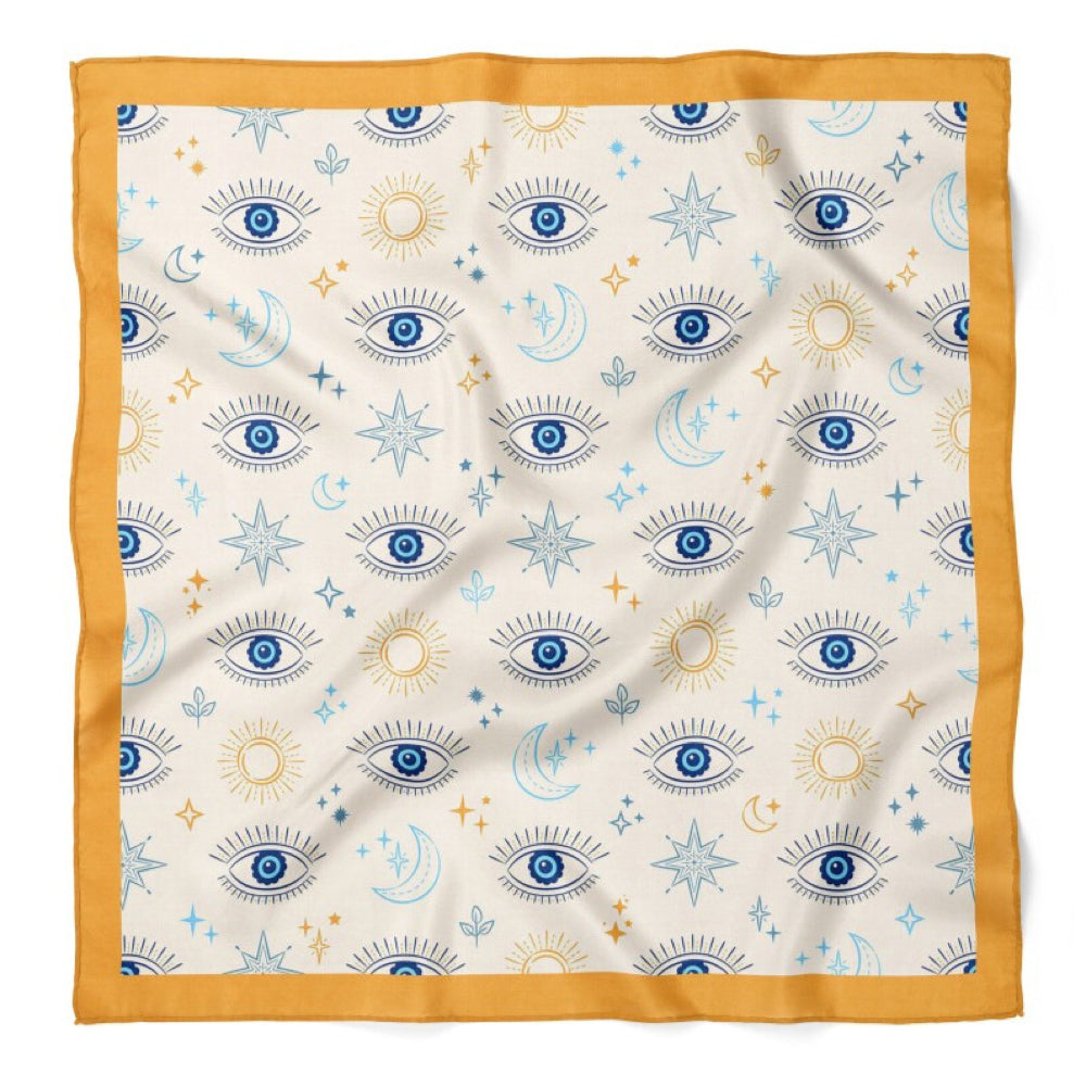 Nazar Evil Eye Print Satin Bandana Scarf |Mustard