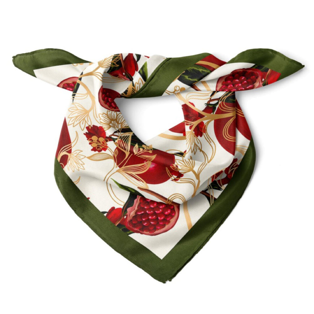 Pomegranate Flower Satin Bandana Scarf |Green & Red