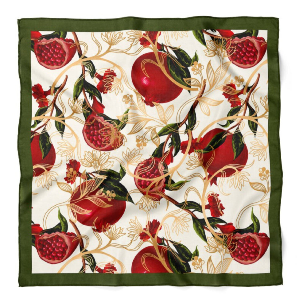 Pomegranate Flower Satin Bandana Scarf |Green & Red