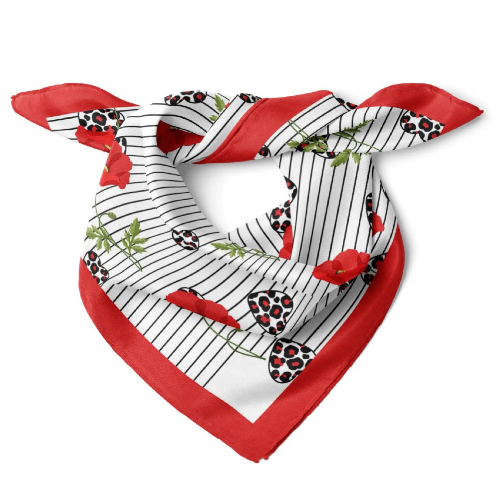 Poppy Flowers Print Satin Bandana Scarf |Red
