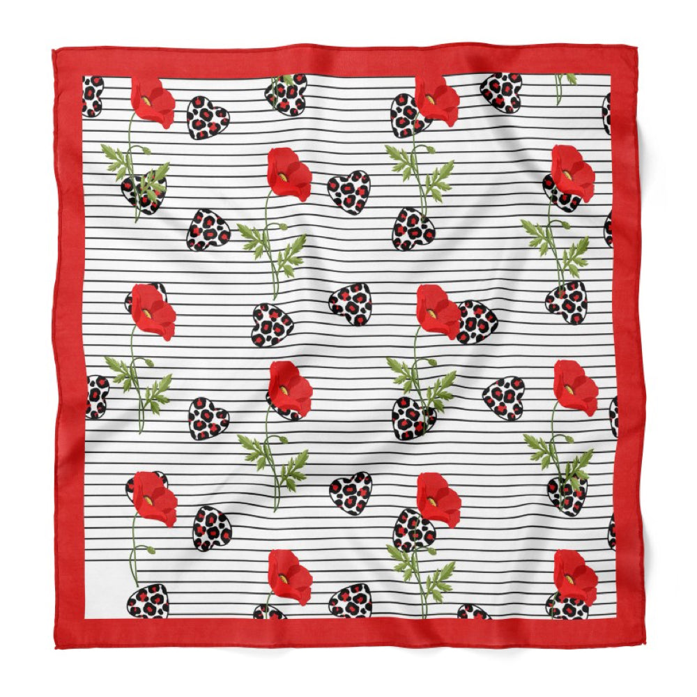 Poppy Flowers Print Satin Bandana Scarf |Red