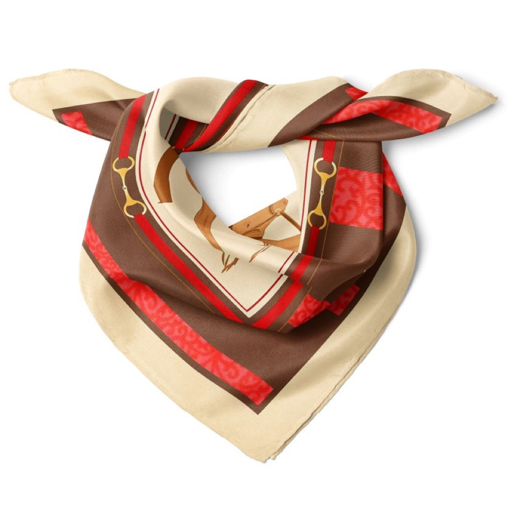 Cavalier Horse Print Satin Bandana Scarf |Red & Cream