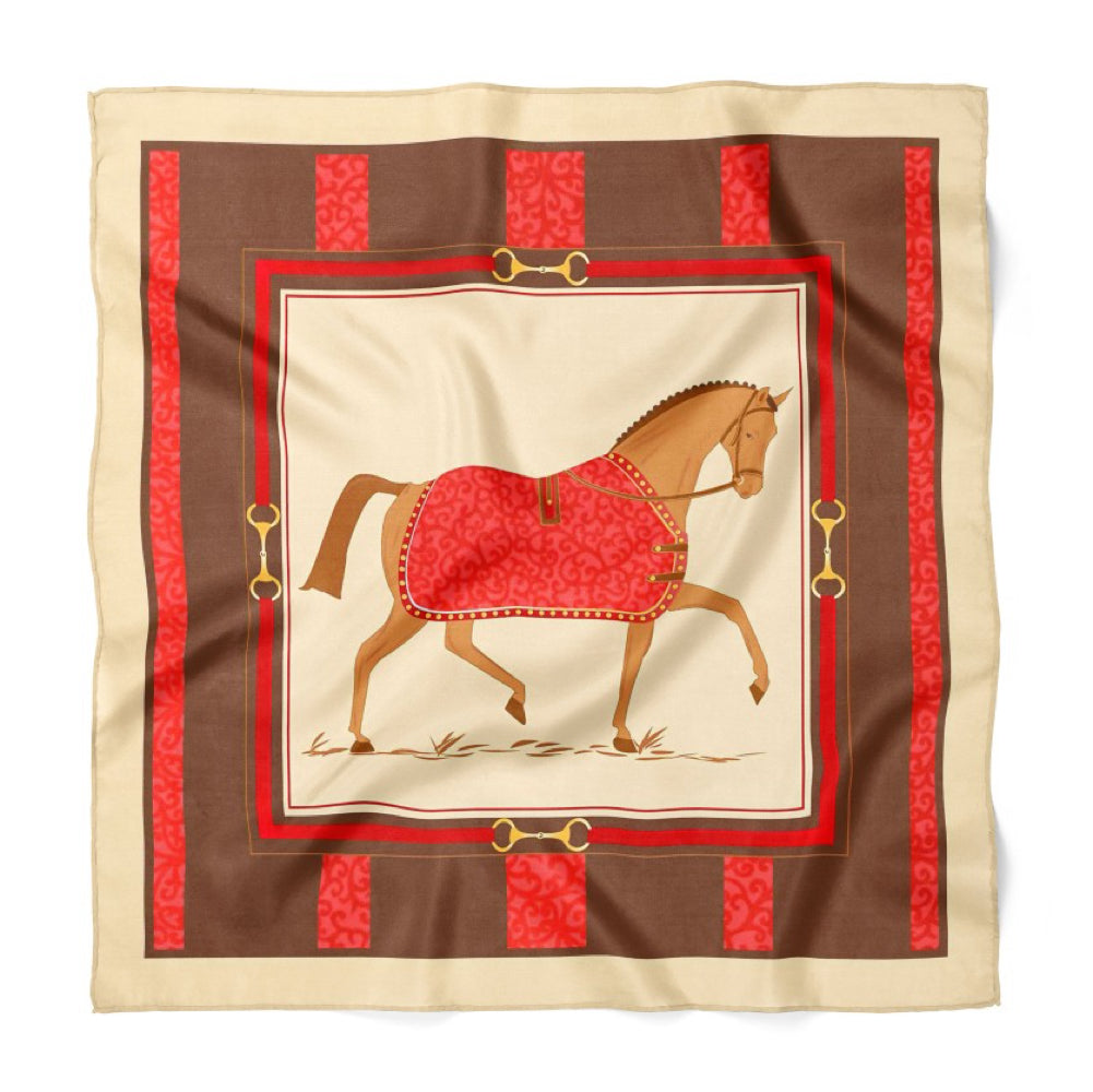 Cavalier Horse Print Satin Bandana Scarf |Red & Cream