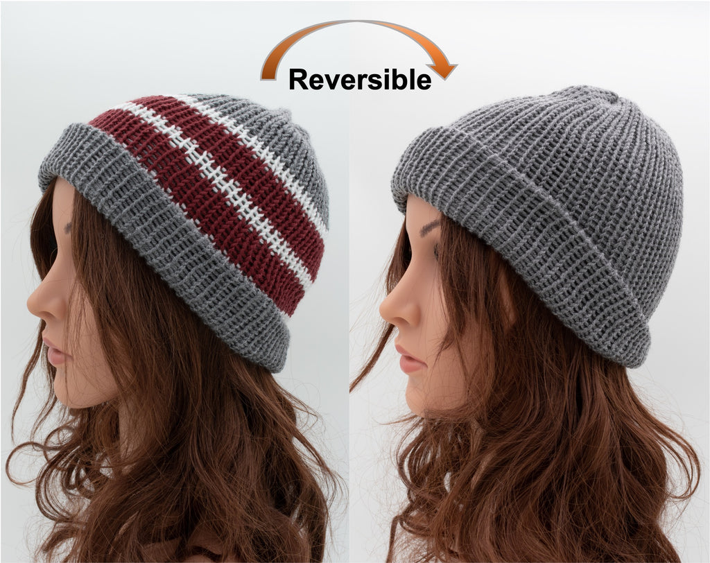 Reversible Hand-knit Beanie Hat - Unisex Style